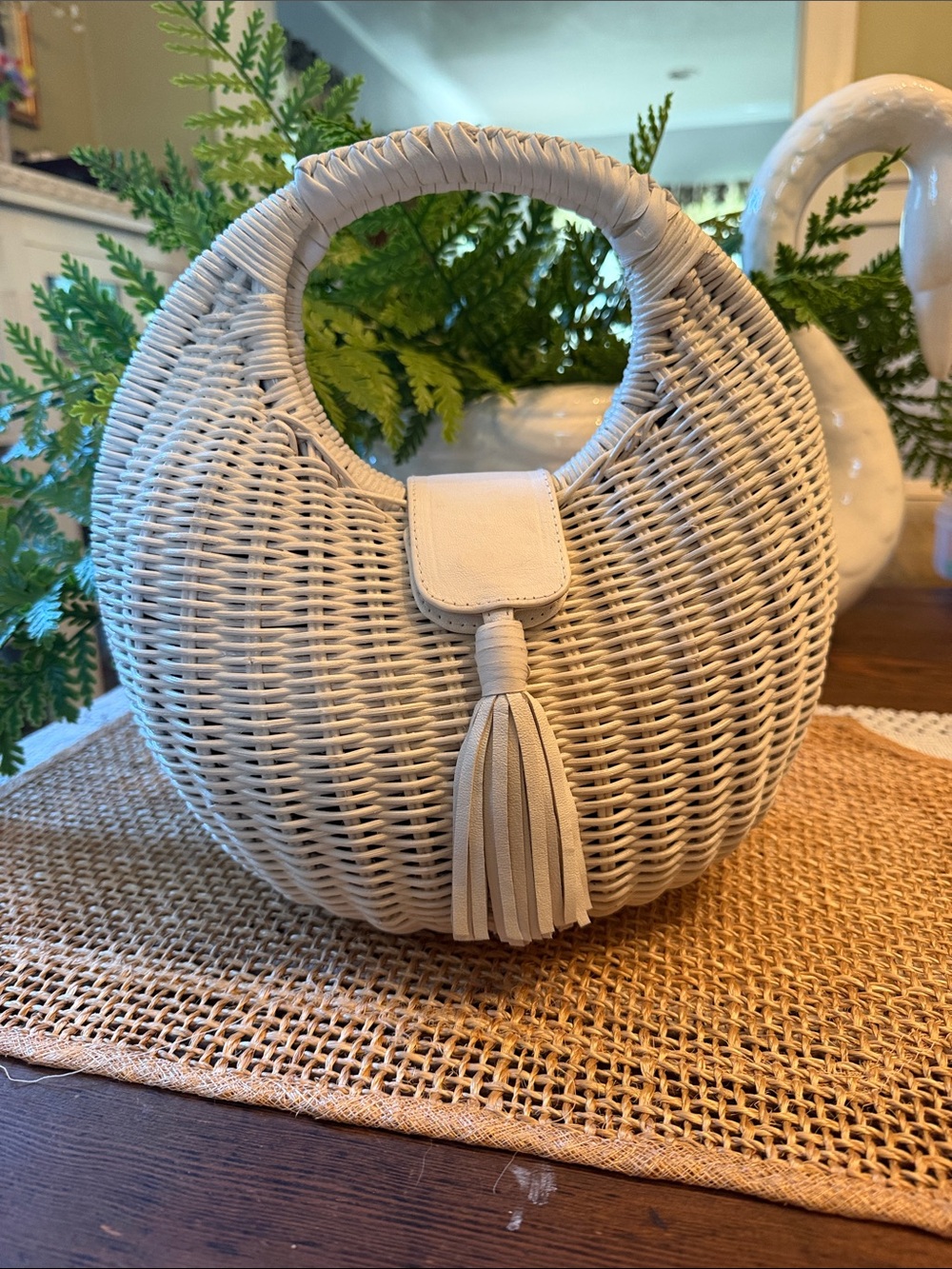 Cleobella Round Woven Tassel Handbag in White
